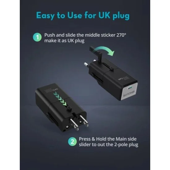 Ravpower Rp-Pc1060 Super Mini 1C Port Pd30W Travel Adpater (Uk,Eu,Us,Aus Plug) - Black